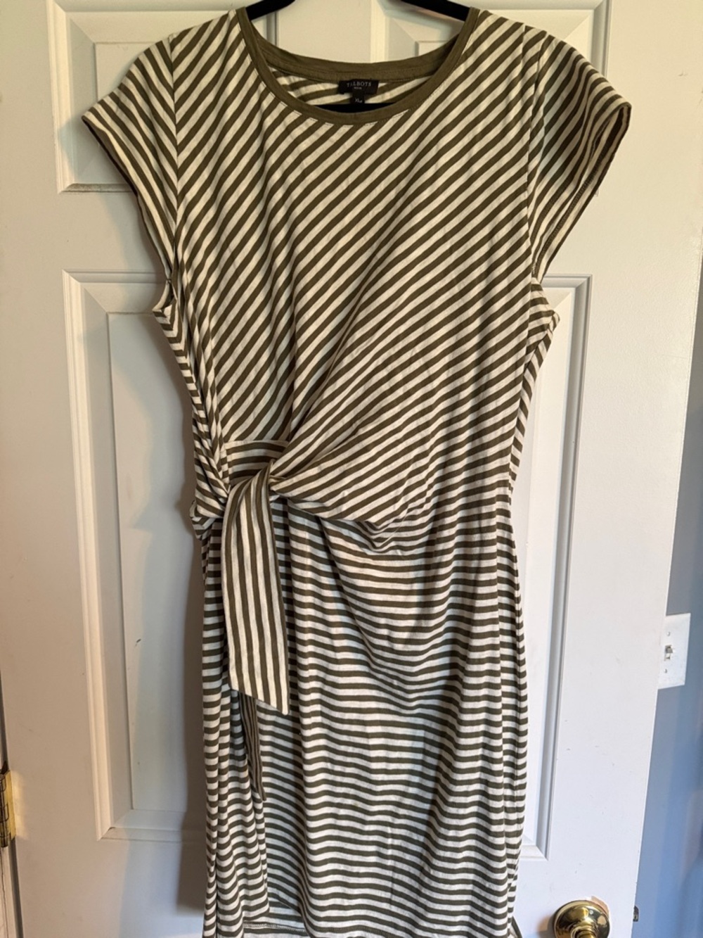 Talbots Olive & White Striped Knot-Front Midi Dress